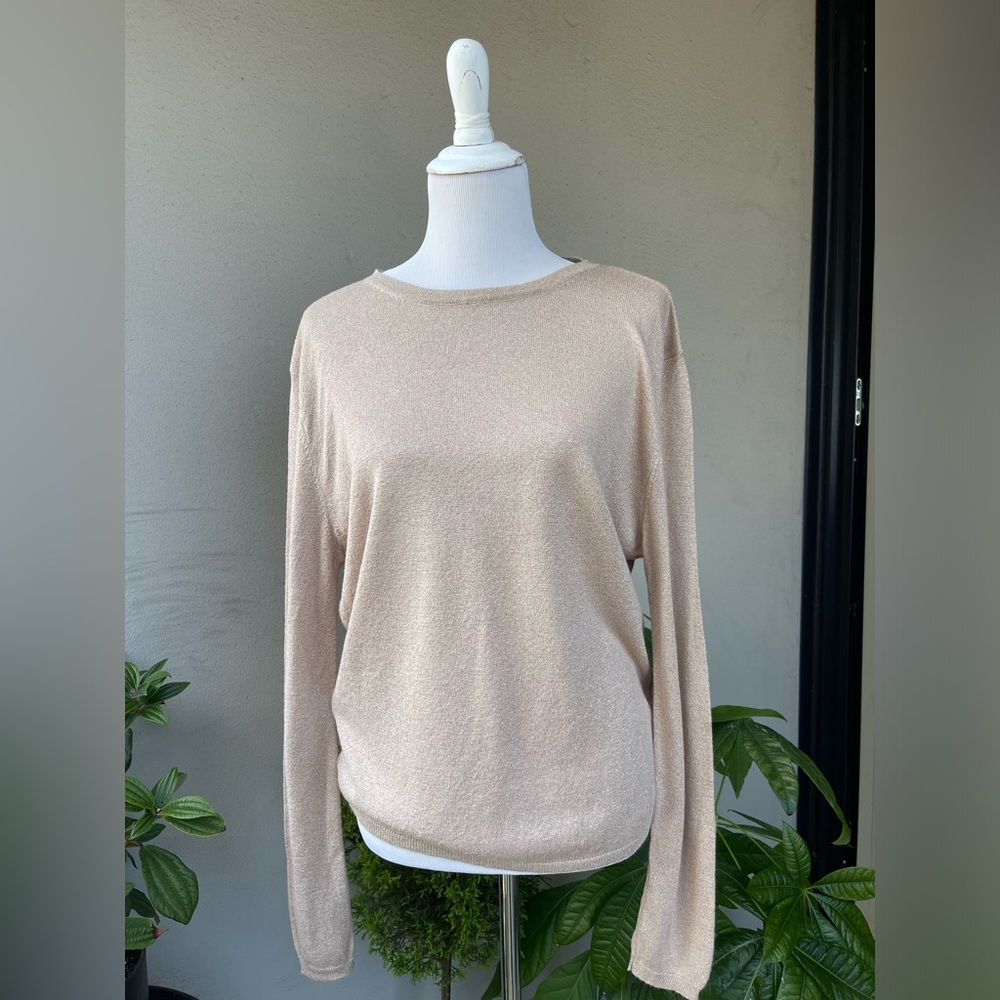 ☘️ NA-KD Fashion Shimmery Open Back Knit Blouse in Beige/ Gold, XXL